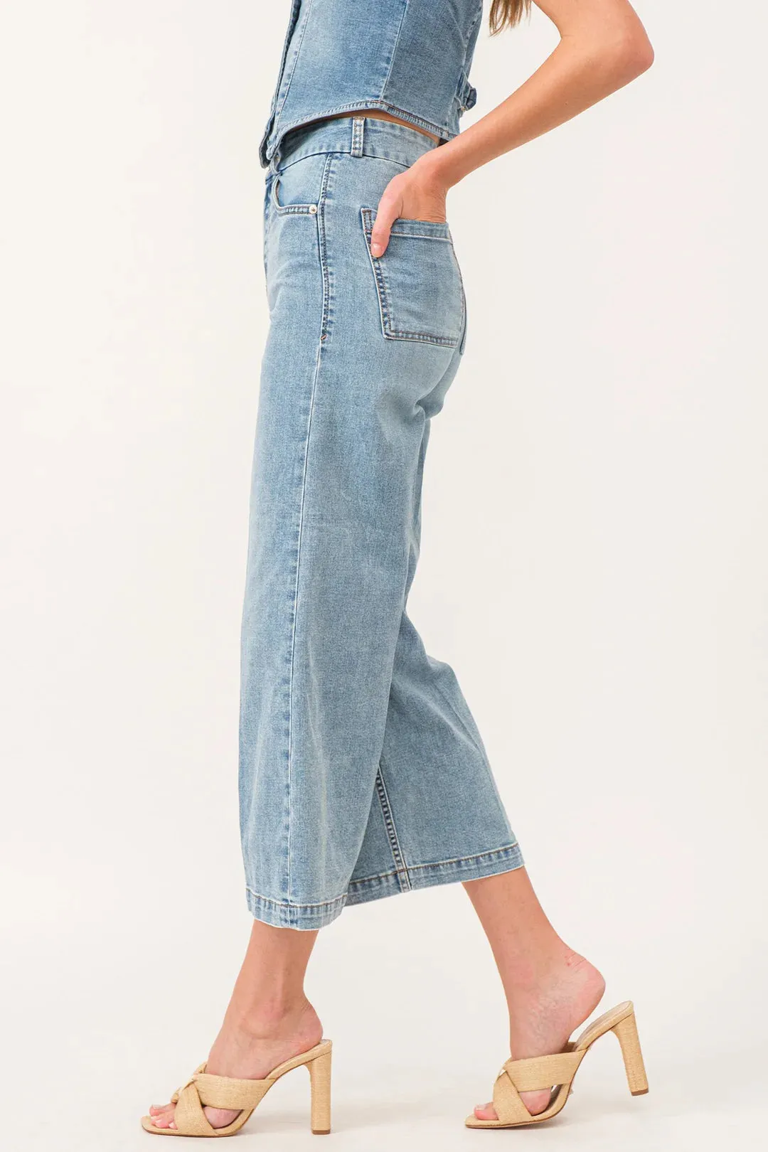 Audrey Super High Rise Cropped Wide Leg Pants in Shelby Chambray