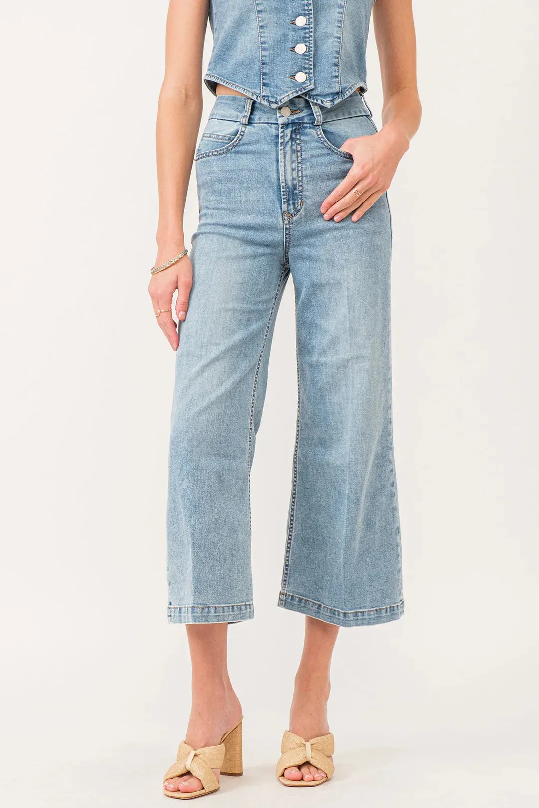 Audrey Super High Rise Cropped Wide Leg Pants in Shelby Chambray
