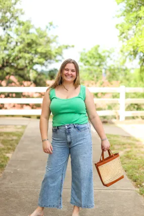 Audrey Super High Rise Cropped Wide Leg Pants in Shelby Chambray