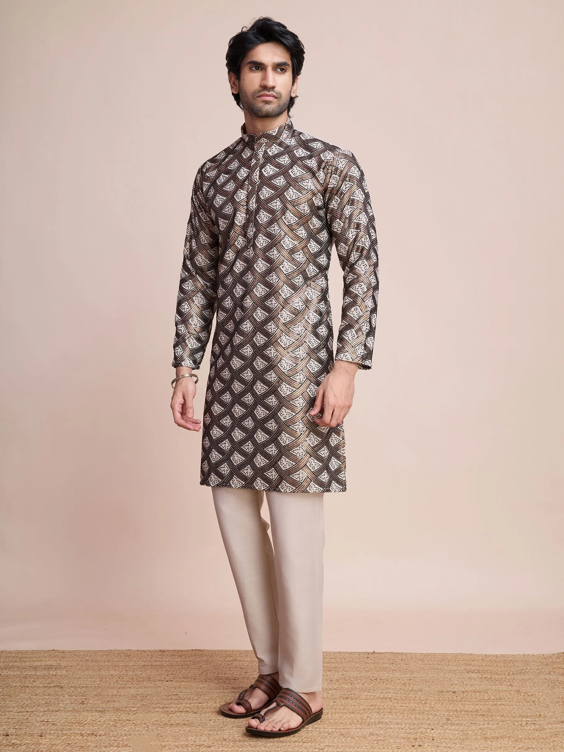 Beige Colour Soft Silk Heavy Thread Work With Sequines Work Kurta Payjama