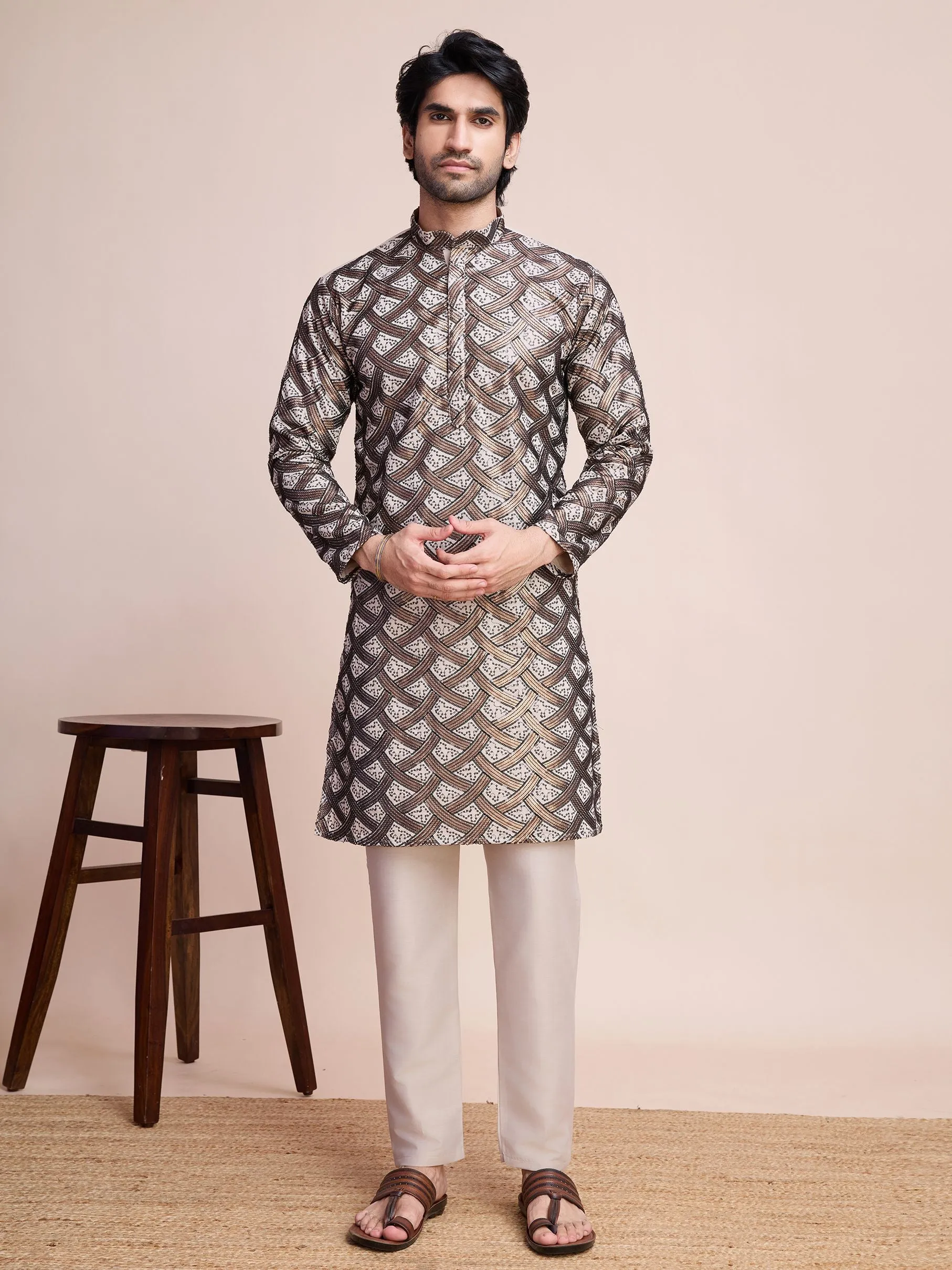 Beige Colour Soft Silk Heavy Thread Work With Sequines Work Kurta Payjama