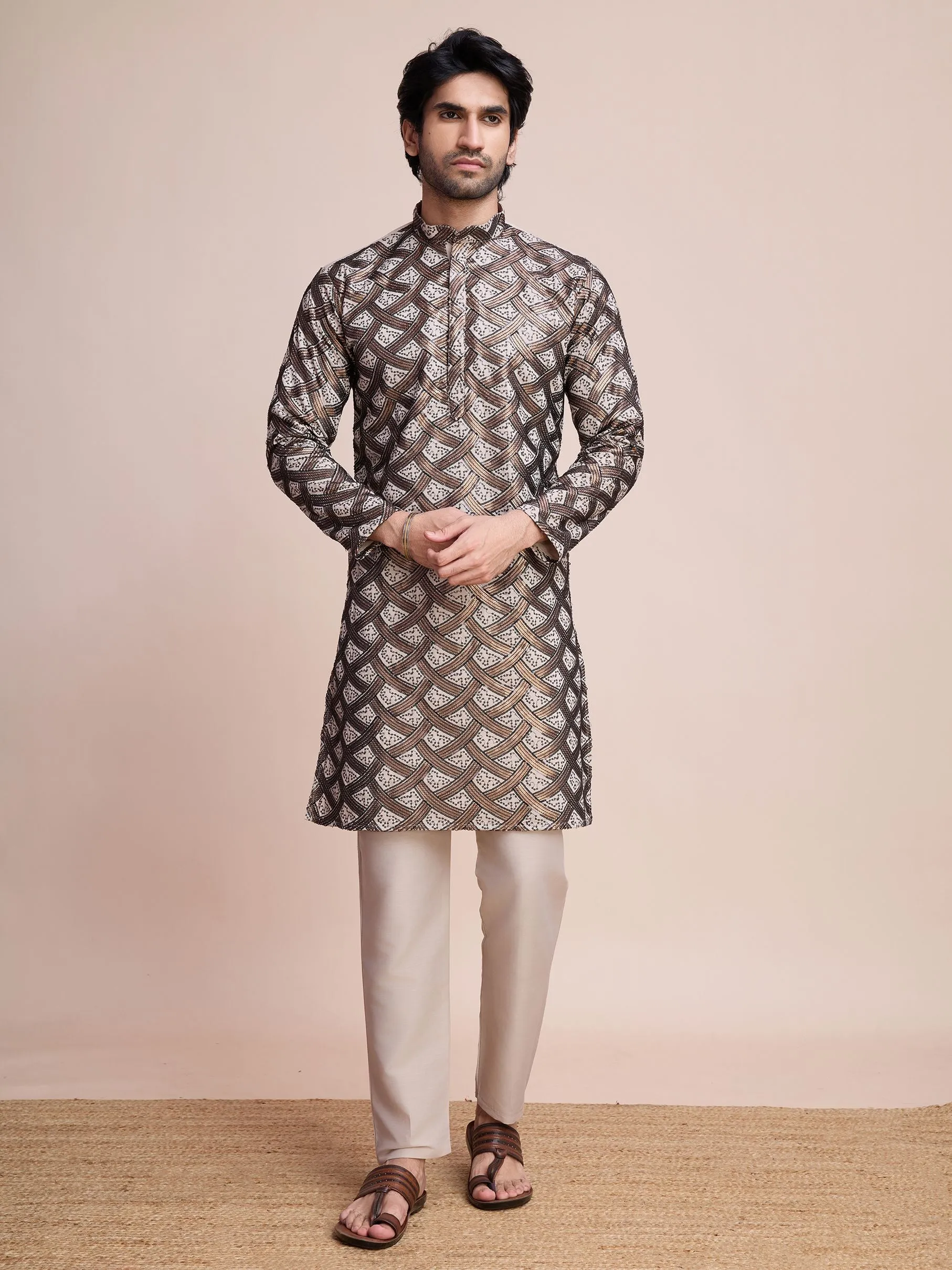 Beige Colour Soft Silk Heavy Thread Work With Sequines Work Kurta Payjama