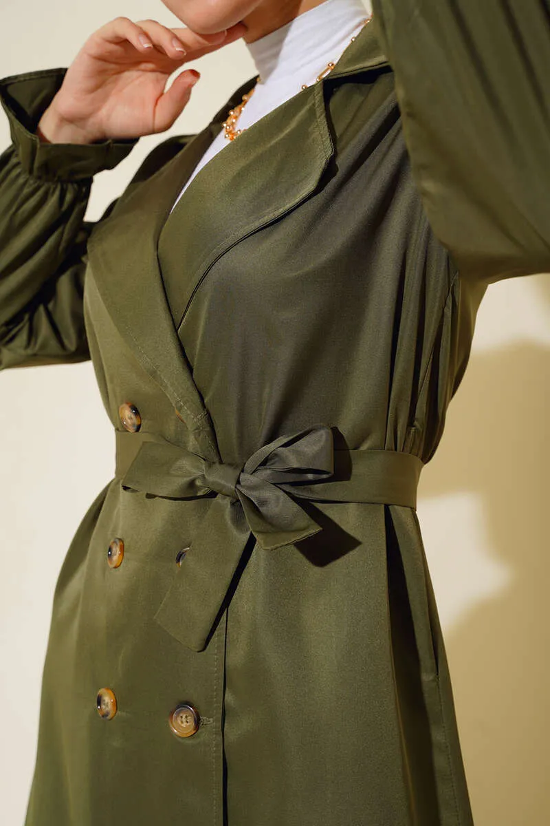 Belted Trench Coat with Elastic Wrists Khaki