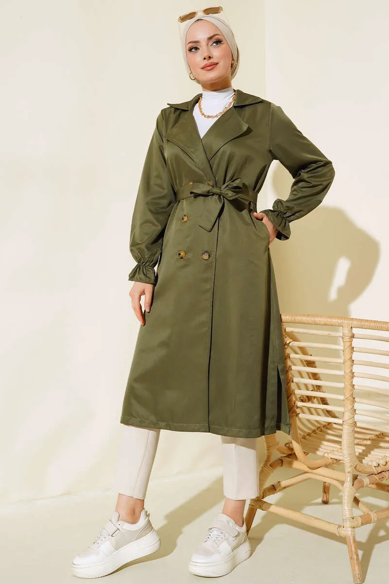 Belted Trench Coat with Elastic Wrists Khaki