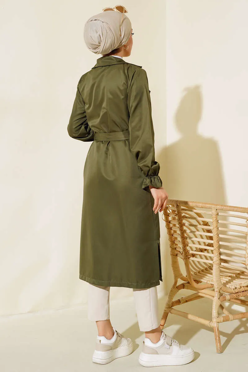 Belted Trench Coat with Elastic Wrists Khaki