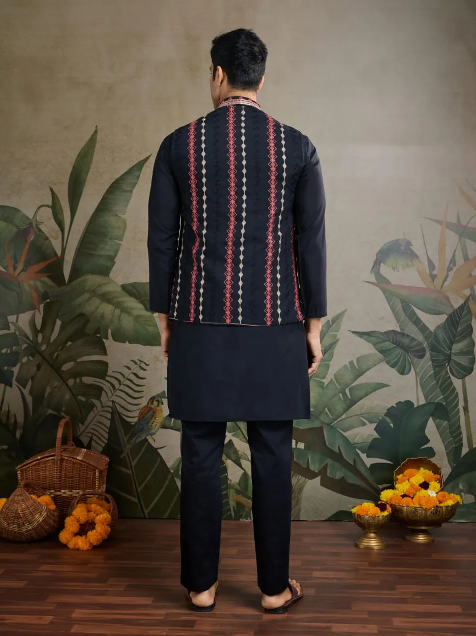 Black Viscose Rajwadi Silk Heavy Thread Work Kurta Payjama With Koti Jacket