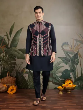 Black Viscose Rajwadi Silk Heavy Thread Work Kurta Payjama With Koti Jacket