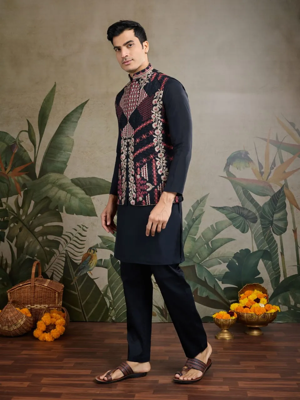 Black Viscose Rajwadi Silk Heavy Thread Work Kurta Payjama With Koti Jacket