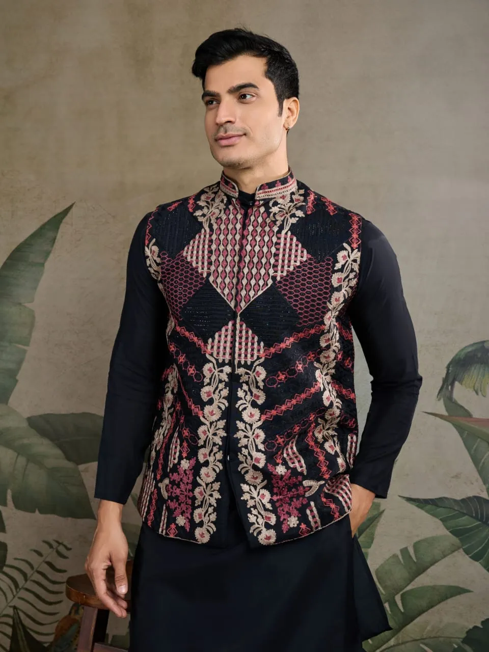 Black Viscose Rajwadi Silk Heavy Thread Work Kurta Payjama With Koti Jacket