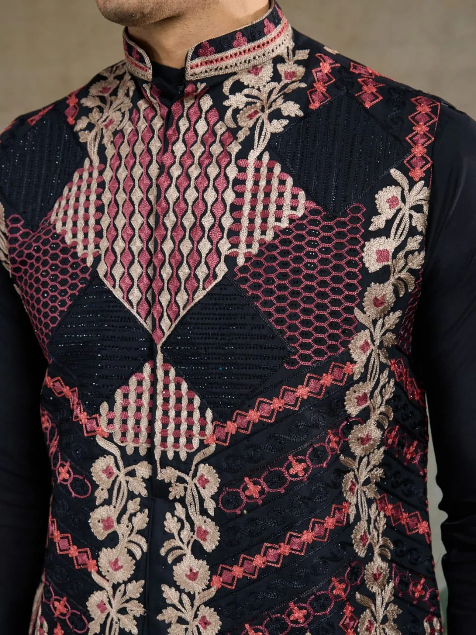 Black Viscose Rajwadi Silk Heavy Thread Work Kurta Payjama With Koti Jacket