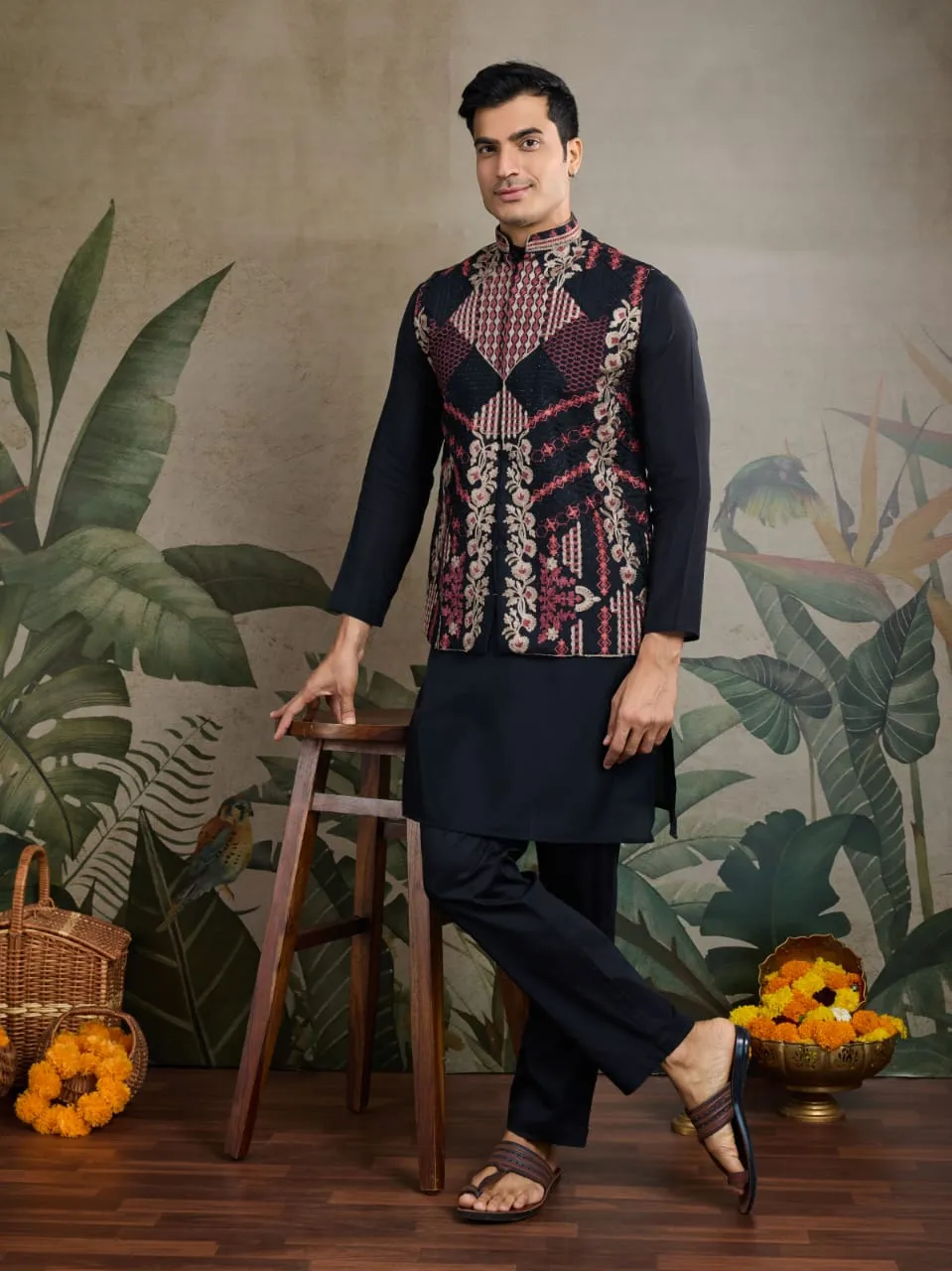 Black Viscose Rajwadi Silk Heavy Thread Work Kurta Payjama With Koti Jacket