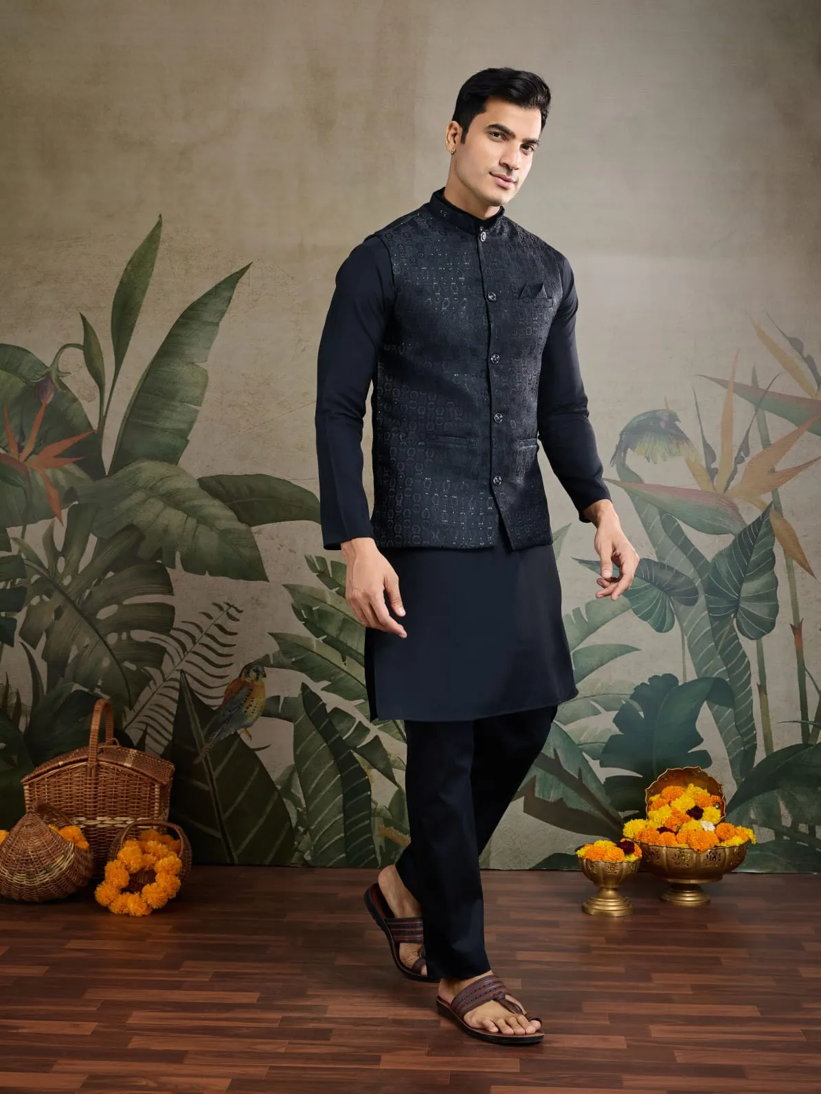 Black Viscose Silk Heavy Sequin Work Kurta Pajama & Koti Jacket