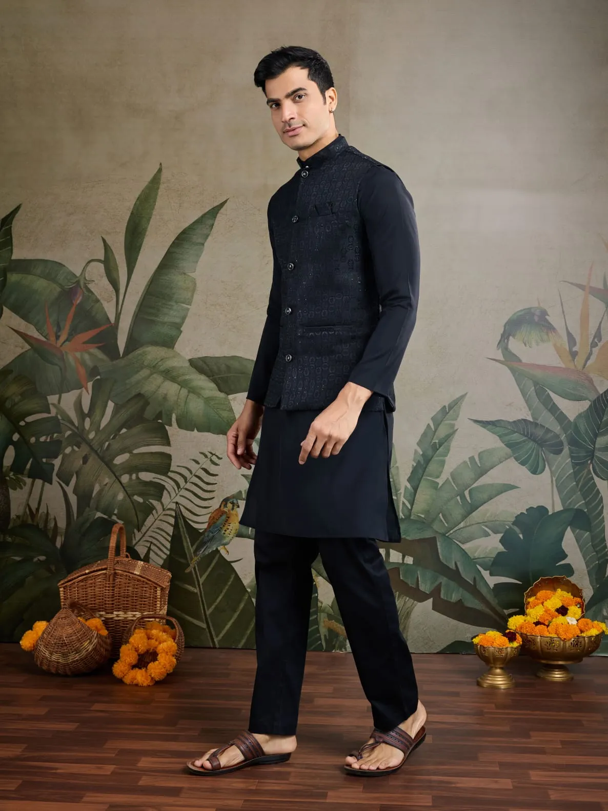 Black Viscose Silk Heavy Sequin Work Kurta Pajama & Koti Jacket