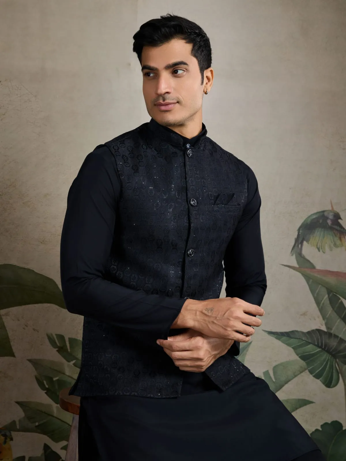 Black Viscose Silk Heavy Sequin Work Kurta Pajama & Koti Jacket