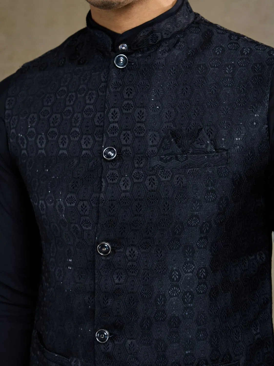 Black Viscose Silk Heavy Sequin Work Kurta Pajama & Koti Jacket