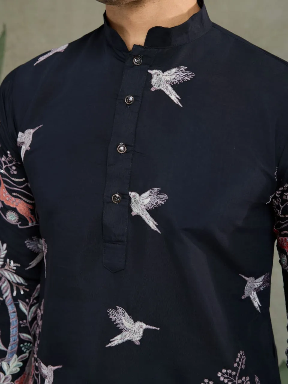 Black Viscose Silk Heavy Thread Work Kurta Payjama