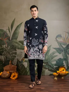 Black Viscose Silk Heavy Thread Work Kurta Payjama