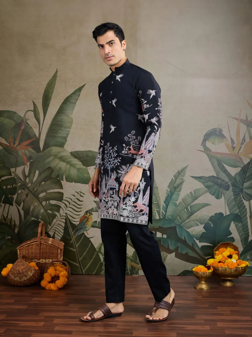 Black Viscose Silk Heavy Thread Work Kurta Payjama