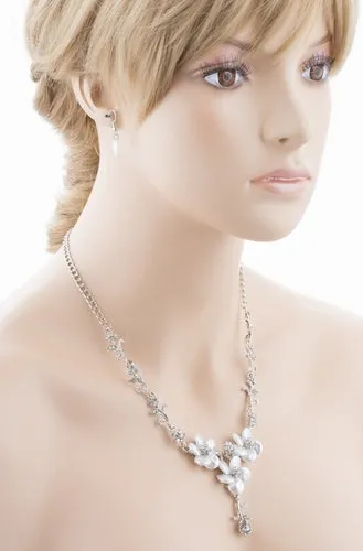 Bridal Wedding Jewelry Crystal Rhinestone Lovely Floral Necklace Set J695 Silver