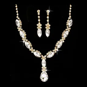 Bridal Wedding Jewelry Set Crystal Rhinestone Navette Cut Necklace Gold Clear