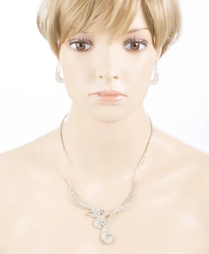 Bridal Wedding Jewelry Set Necklace Earring Crystal Rhinestone Vintage Silver