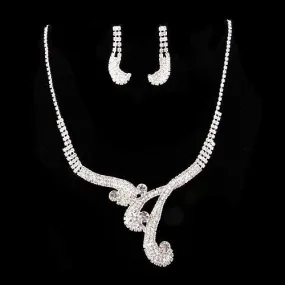Bridal Wedding Jewelry Set Necklace Earring Crystal Rhinestone Vintage Silver