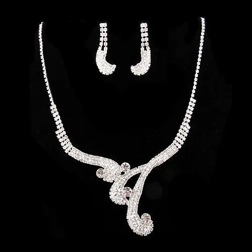 Bridal Wedding Jewelry Set Necklace Earring Crystal Rhinestone Vintage Silver