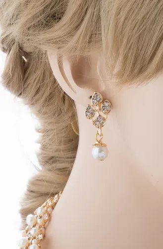 Bridal Wedding Jewelry Set Necklace Rhinestone Pearl Leaf Gold Ivory Cream