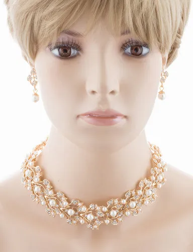 Bridal Wedding Jewelry Set Necklace Rhinestone Pearl Leaf Gold Ivory Cream