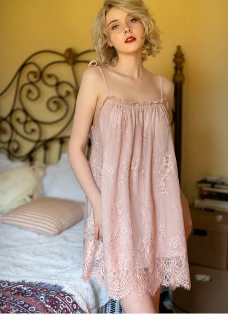 Caiyier Pink Lace Night Dress Off Shoulder Sling Lingerie Nightgown Sexy Women Night Gown Sleepwear Home Clothing
