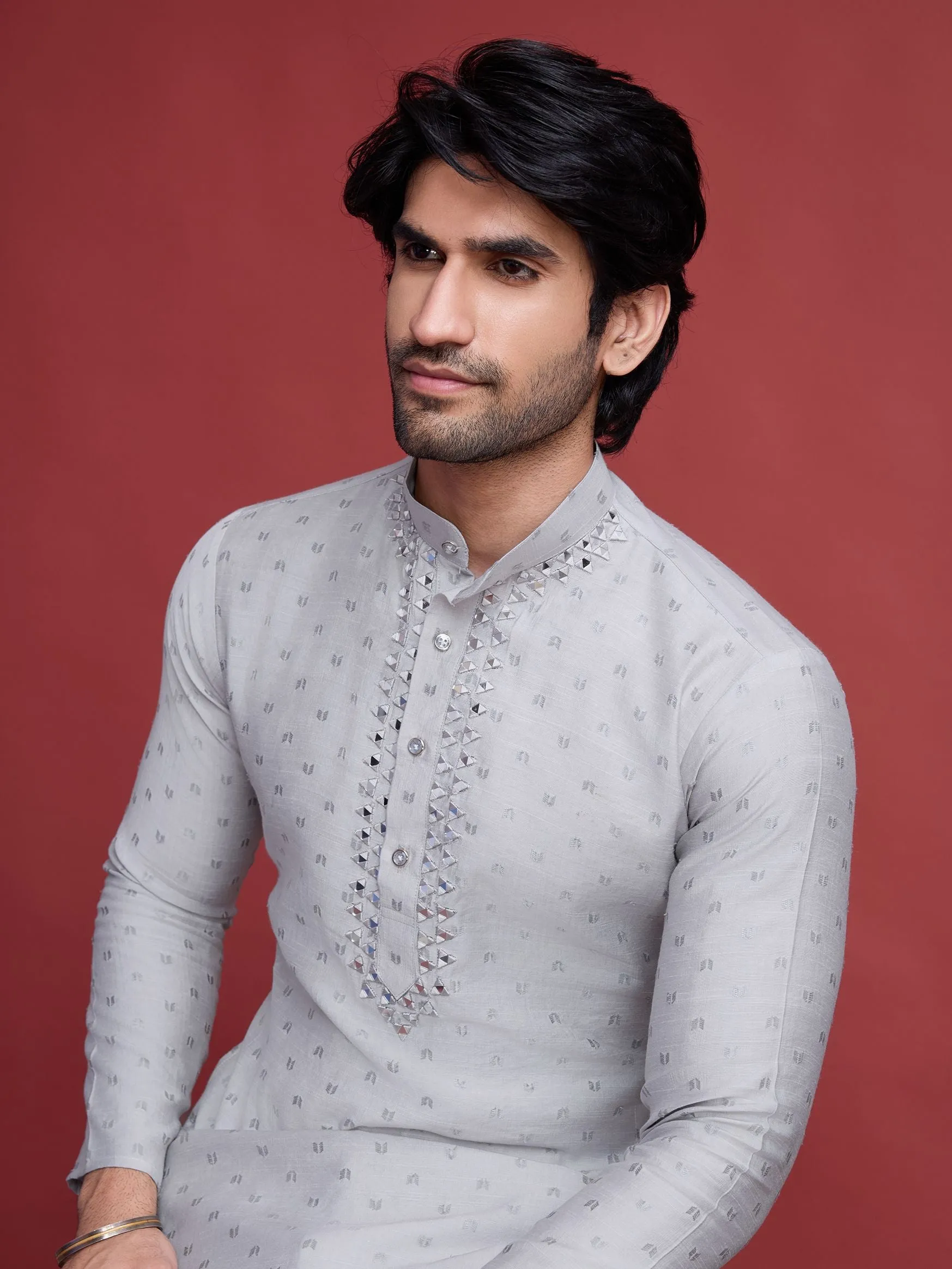 Grey Colour Reyon Silk With Mirror Work Kurta Payjama