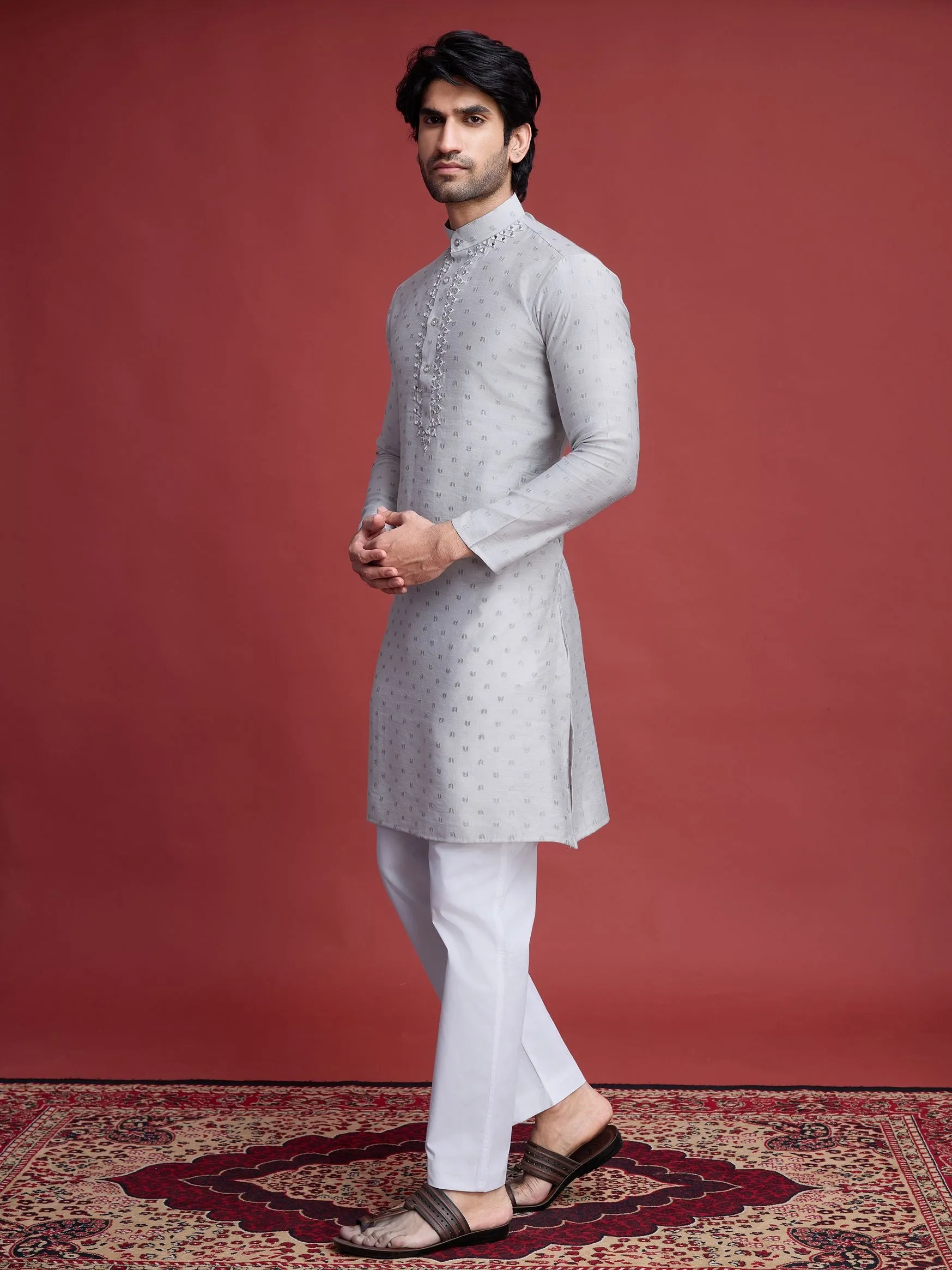 Grey Colour Reyon Silk With Mirror Work Kurta Payjama