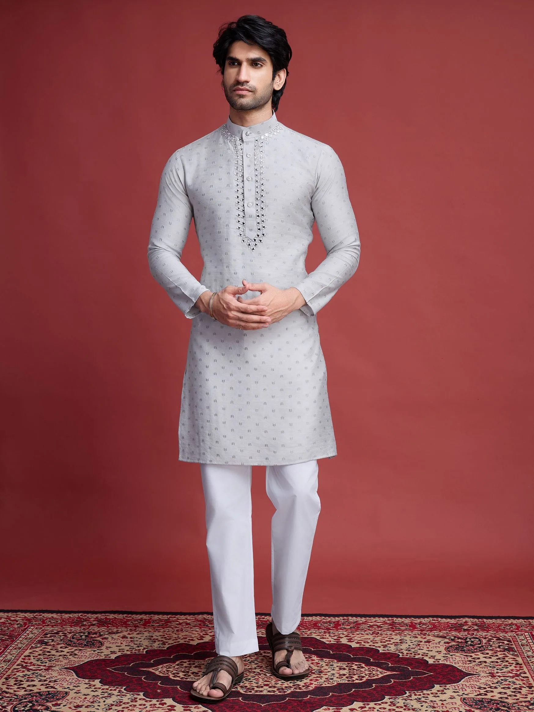 Grey Colour Reyon Silk With Mirror Work Kurta Payjama