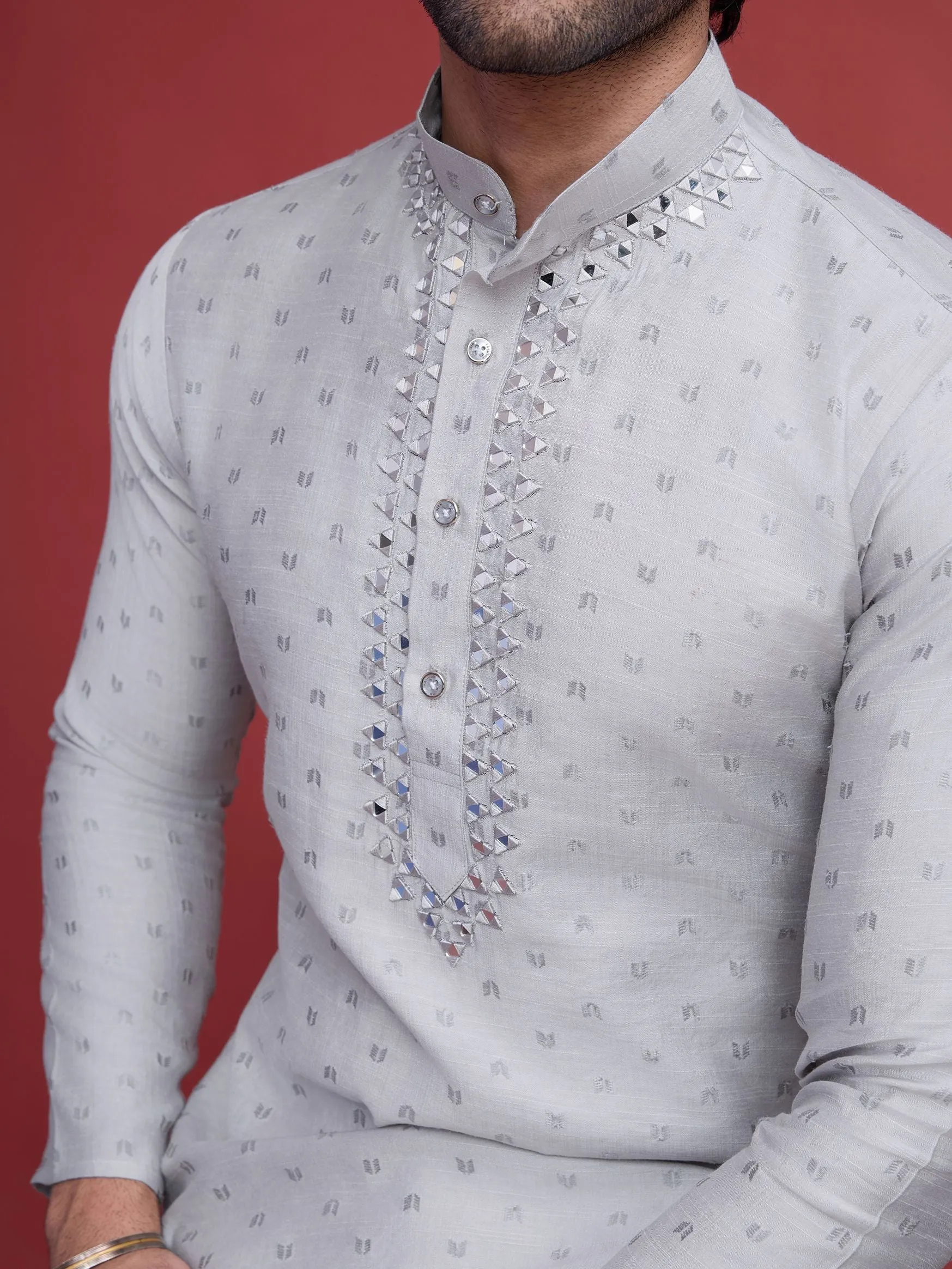 Grey Colour Reyon Silk With Mirror Work Kurta Payjama