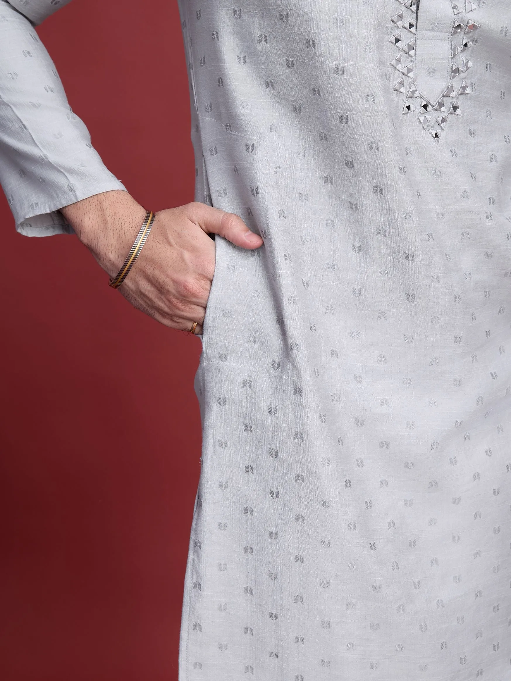 Grey Colour Reyon Silk With Mirror Work Kurta Payjama