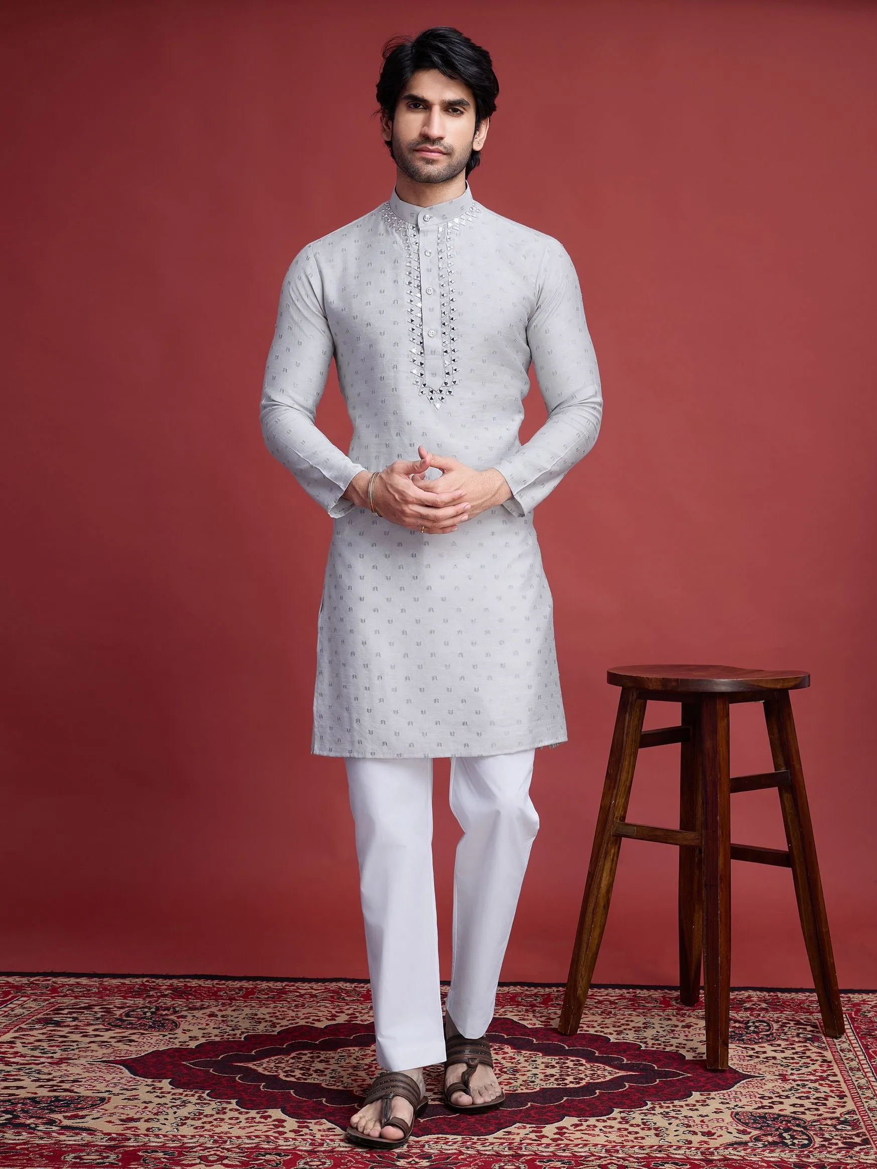 Grey Colour Reyon Silk With Mirror Work Kurta Payjama