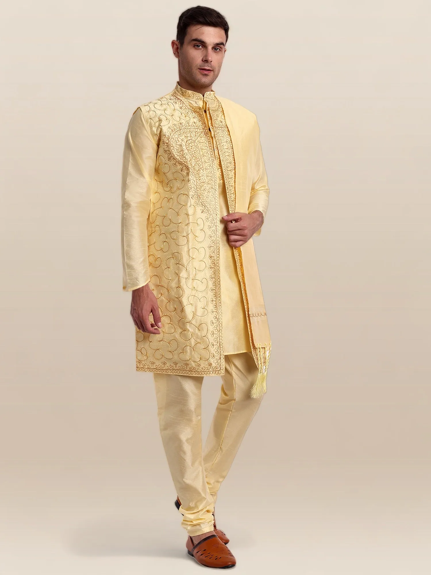 Kurta Pajama For Men With Jacket And Stole Festival Wedding Party Dress Set Beige