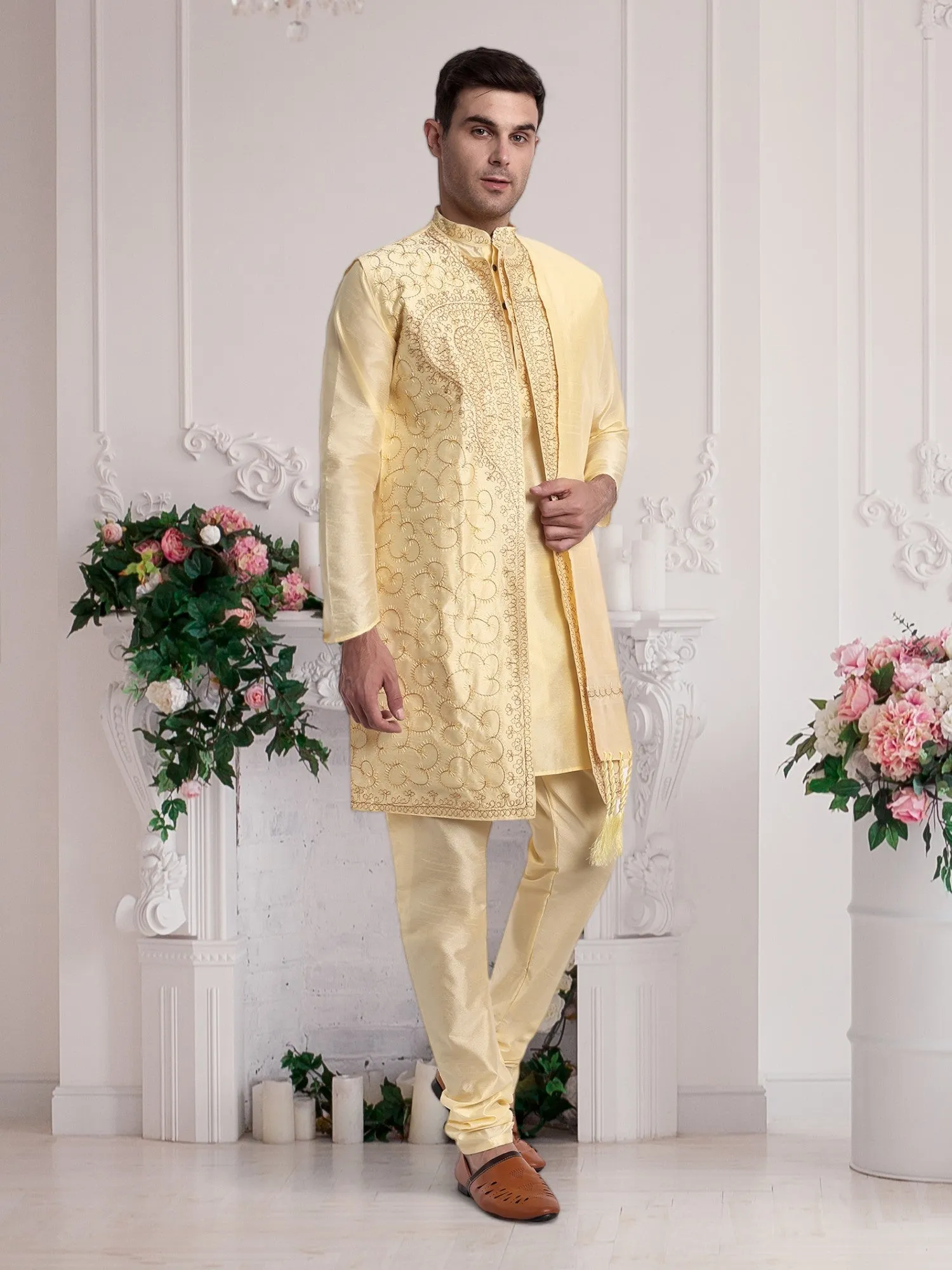 Kurta Pajama For Men With Jacket And Stole Festival Wedding Party Dress Set Beige