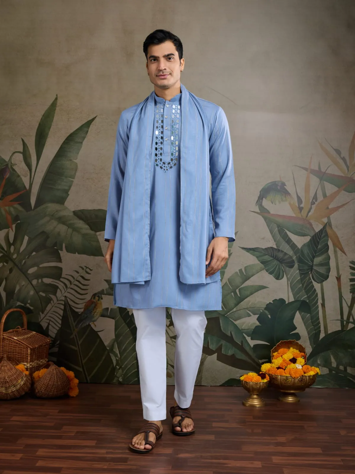 Light Blue Viscose Silk Heavy Thread With Real Mirror Work Kurta Pajama
