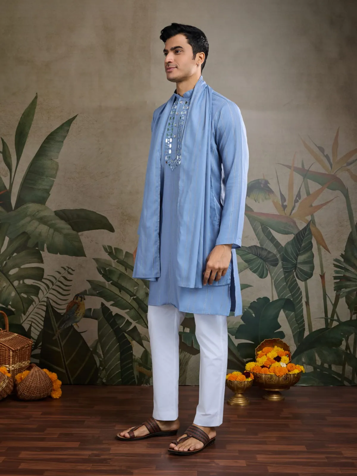 Light Blue Viscose Silk Heavy Thread With Real Mirror Work Kurta Pajama