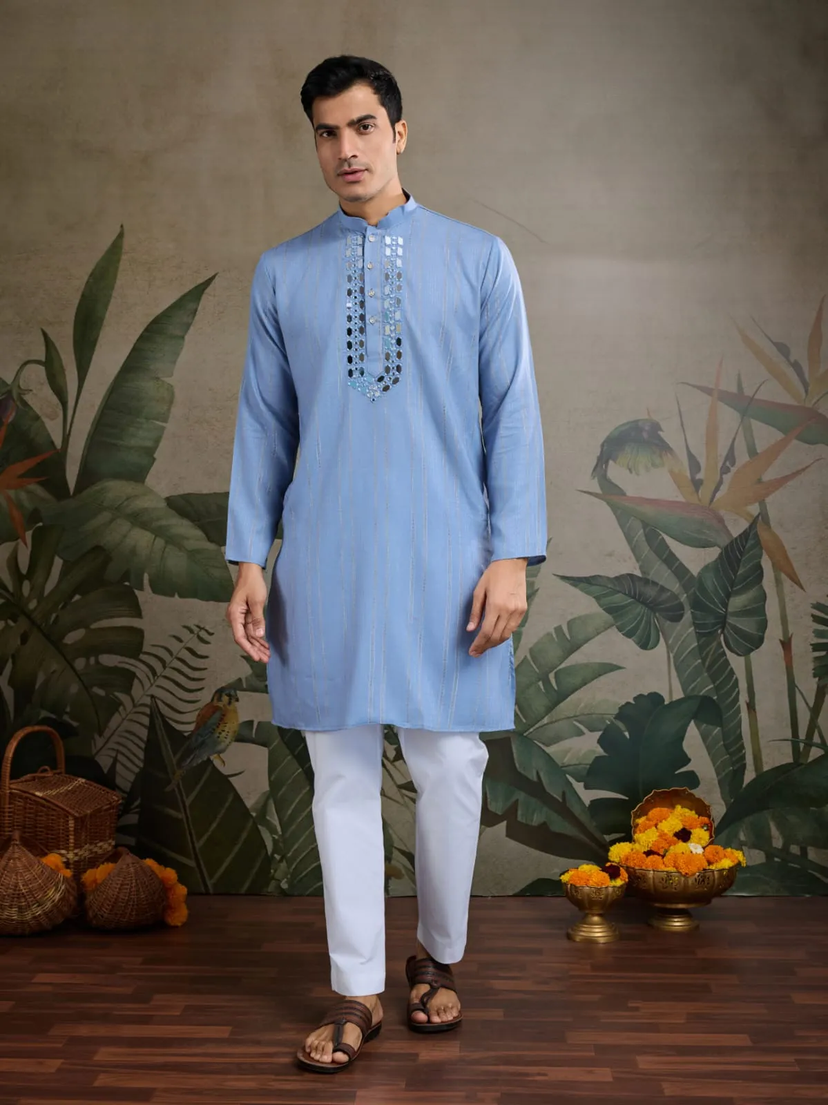Light Blue Viscose Silk Heavy Thread With Real Mirror Work Kurta Pajama