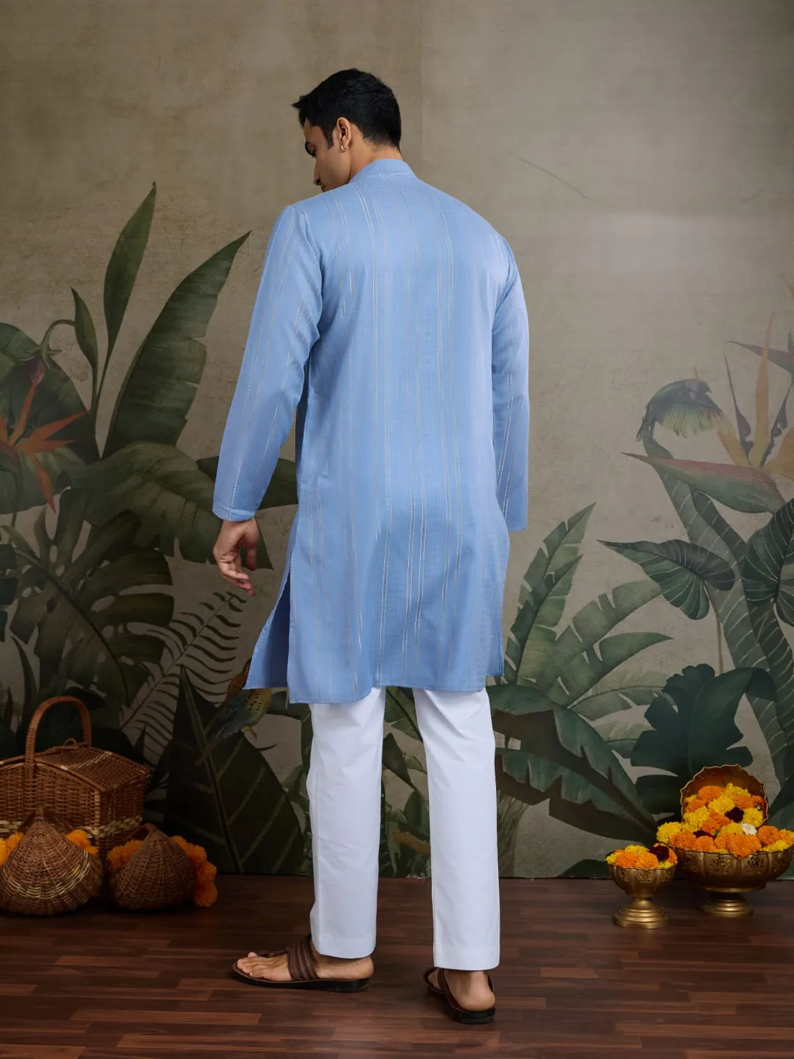 Light Blue Viscose Silk Heavy Thread With Real Mirror Work Kurta Pajama