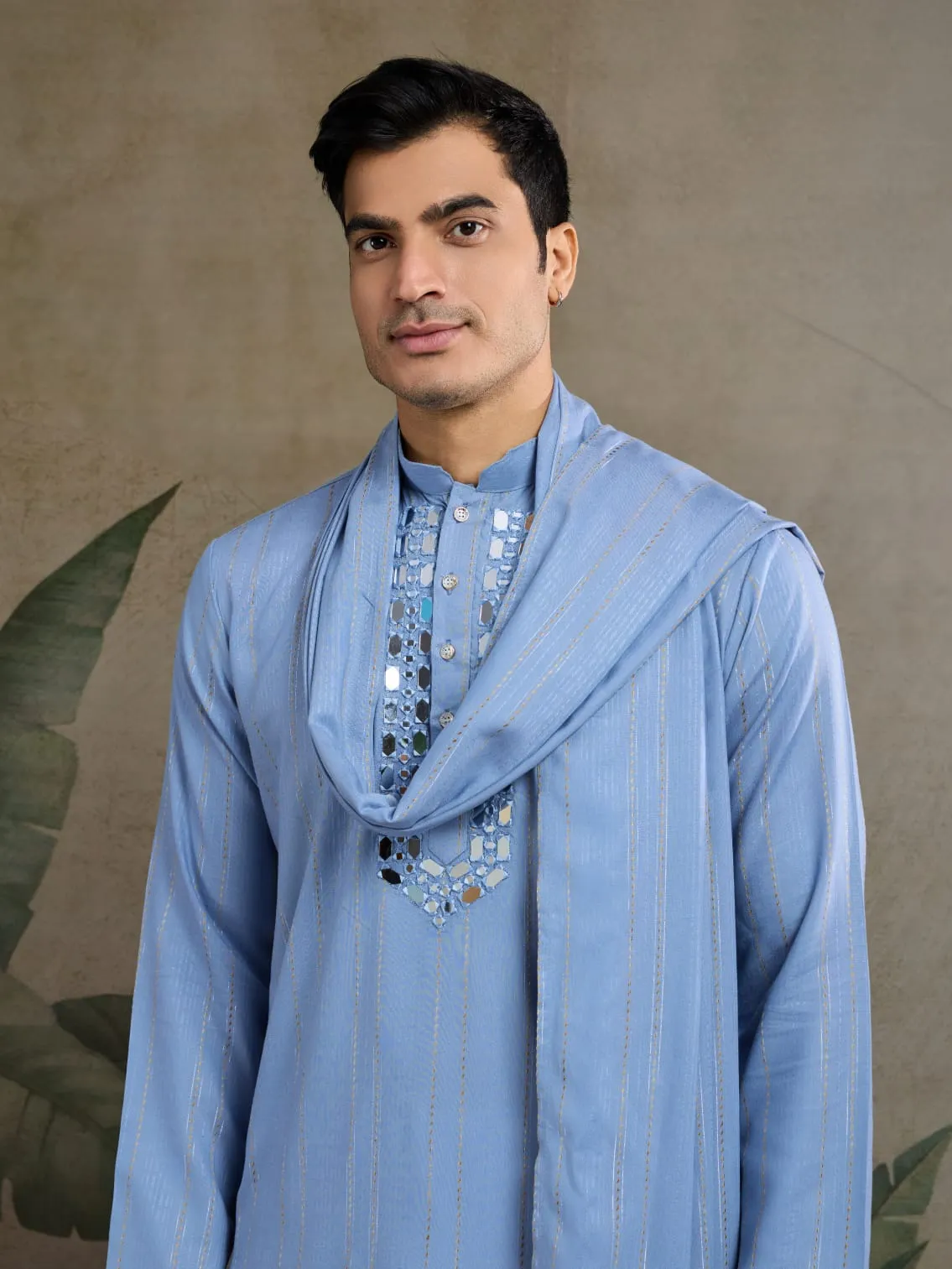 Light Blue Viscose Silk Heavy Thread With Real Mirror Work Kurta Pajama
