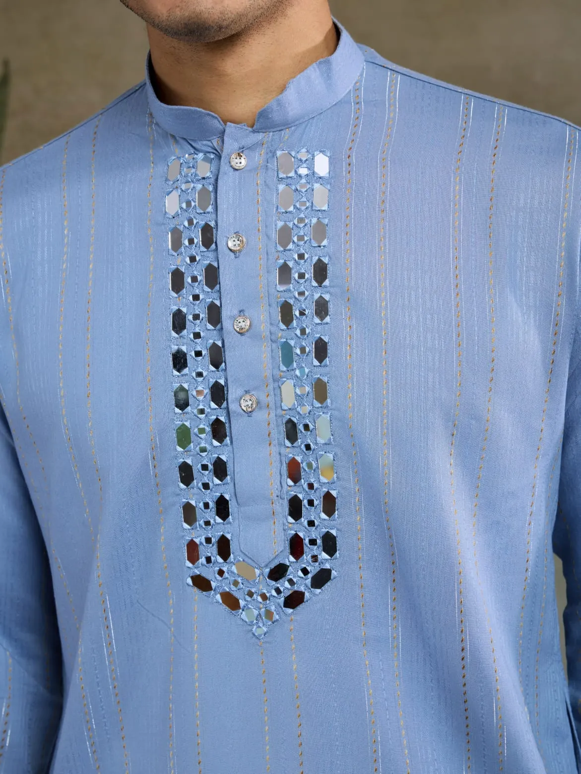 Light Blue Viscose Silk Heavy Thread With Real Mirror Work Kurta Pajama