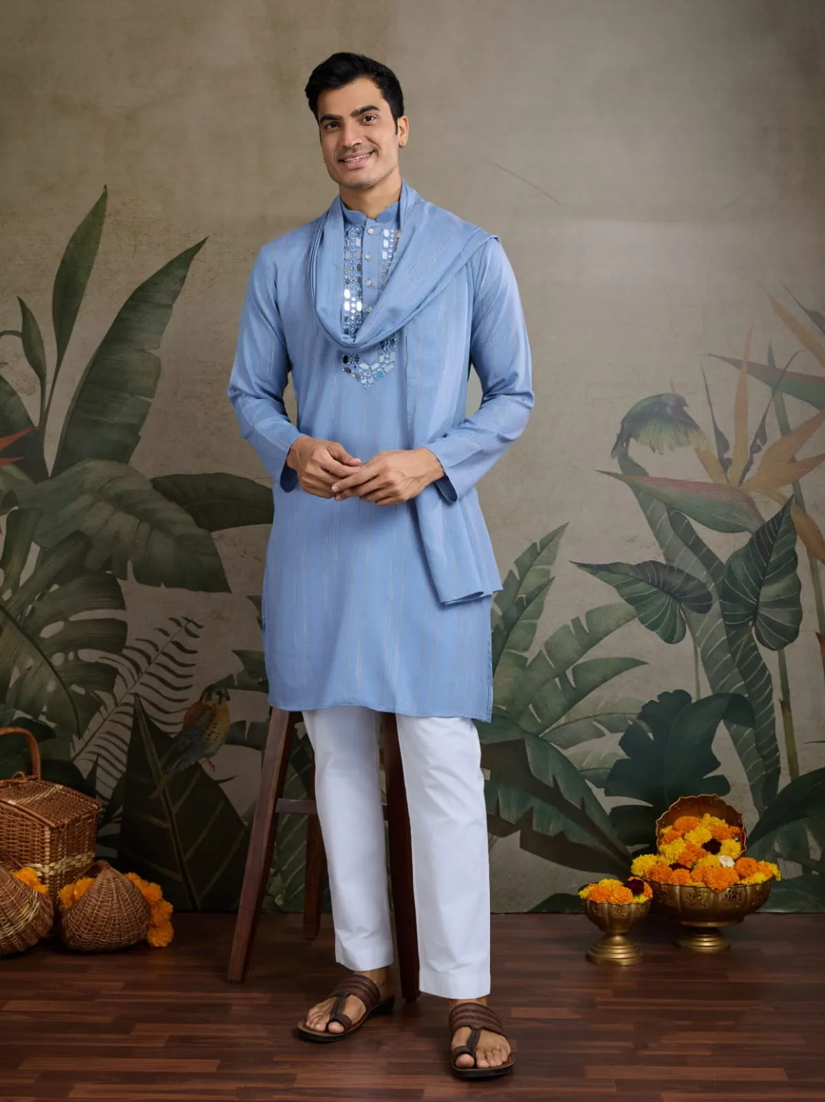 Light Blue Viscose Silk Heavy Thread With Real Mirror Work Kurta Pajama