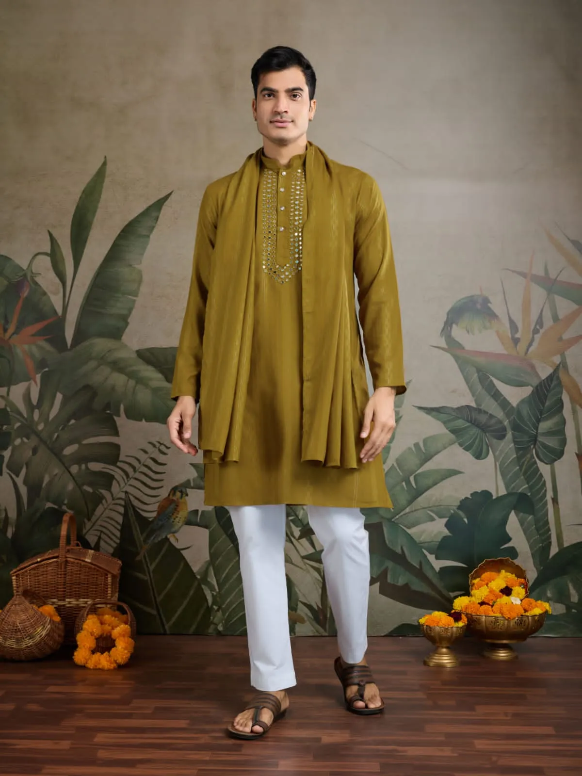 Rust Yellow Pure Viscose Reyon Silk Real Mirror Work Kurta Dupatta