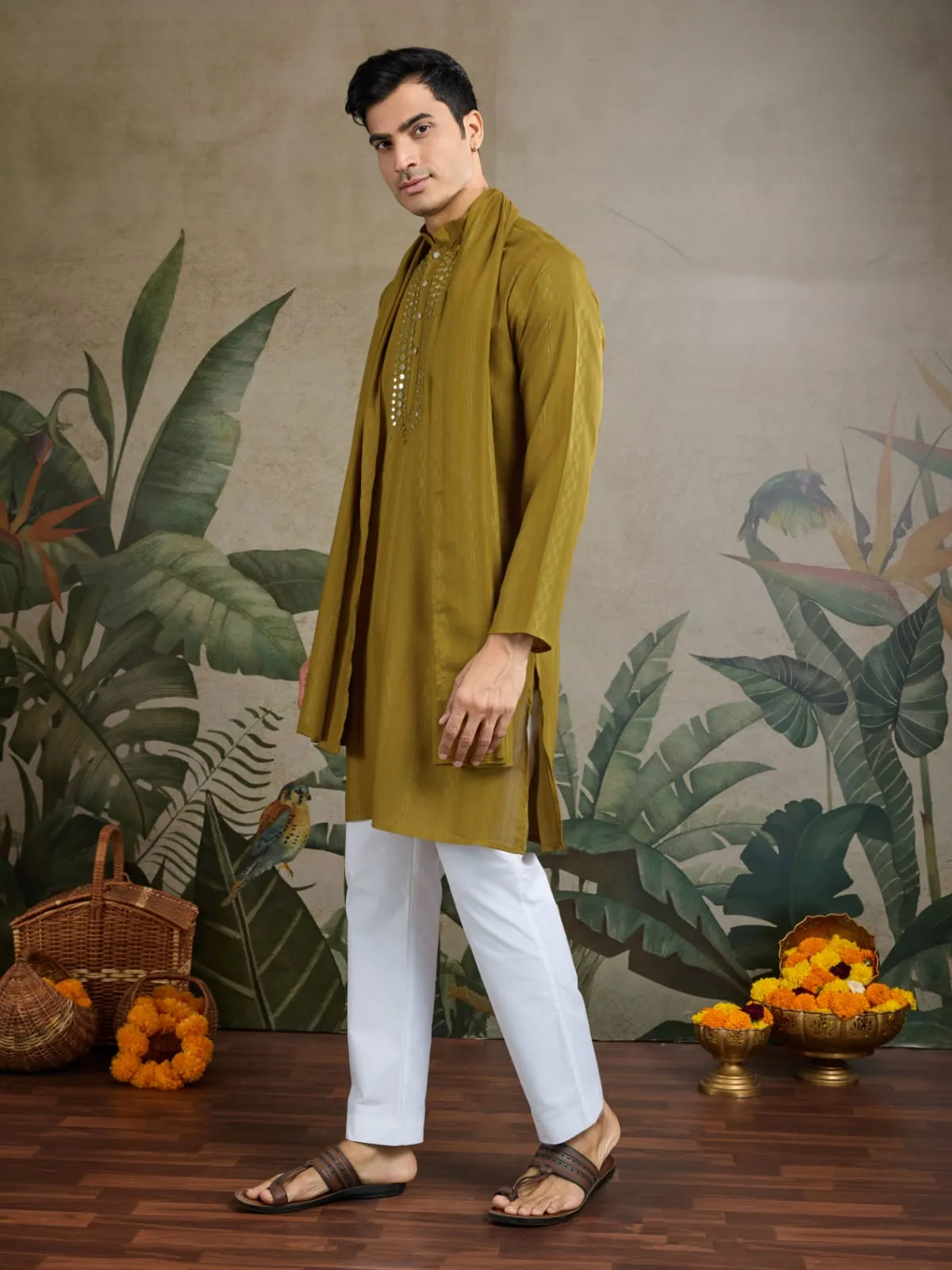 Rust Yellow Pure Viscose Reyon Silk Real Mirror Work Kurta Dupatta