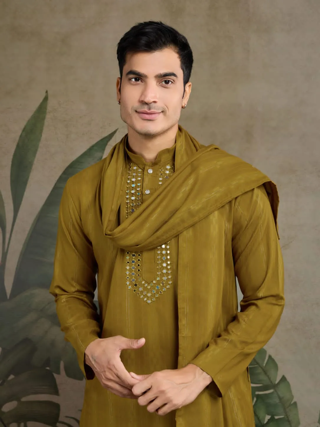 Rust Yellow Pure Viscose Reyon Silk Real Mirror Work Kurta Dupatta