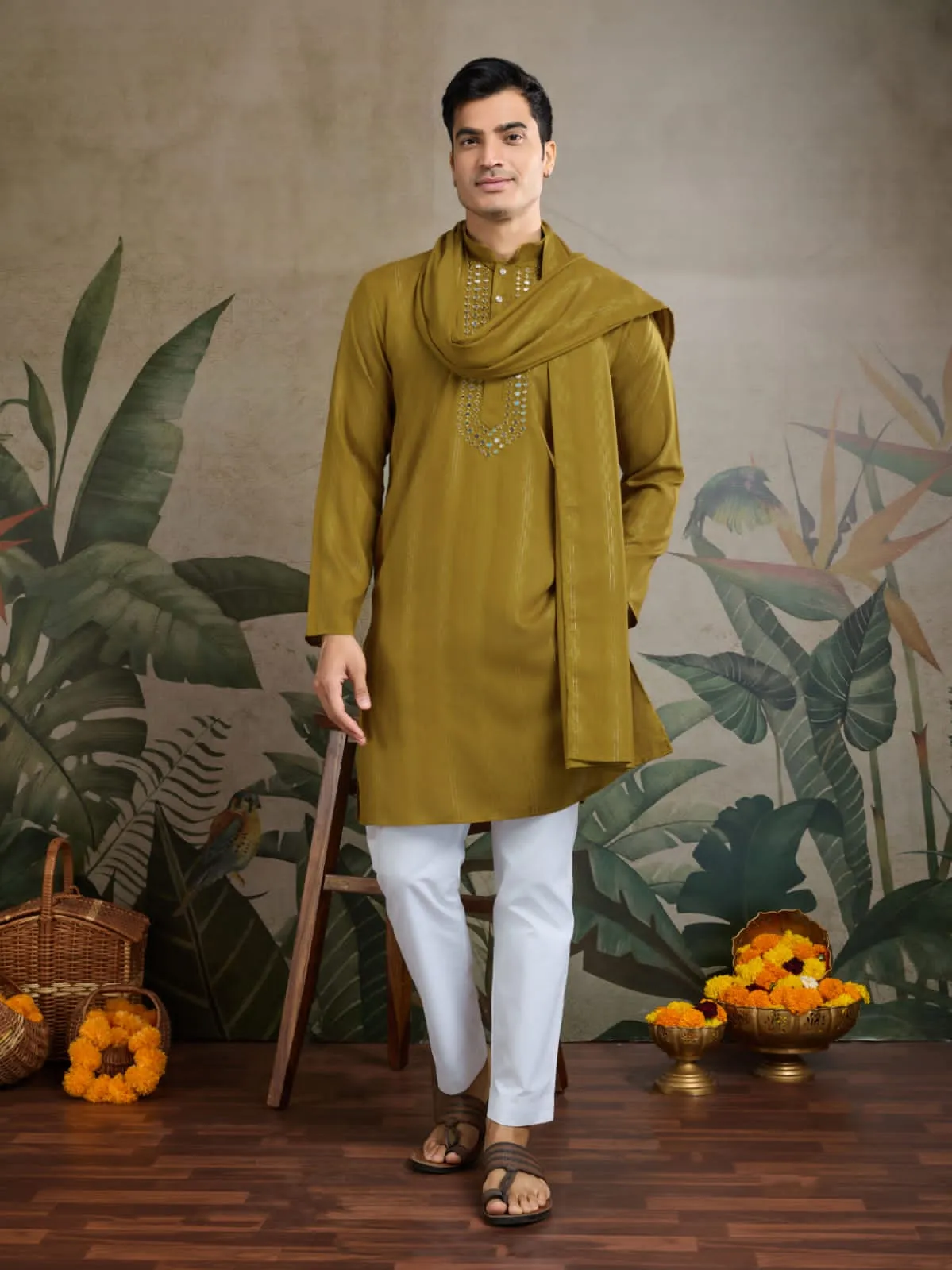 Rust Yellow Pure Viscose Reyon Silk Real Mirror Work Kurta Dupatta
