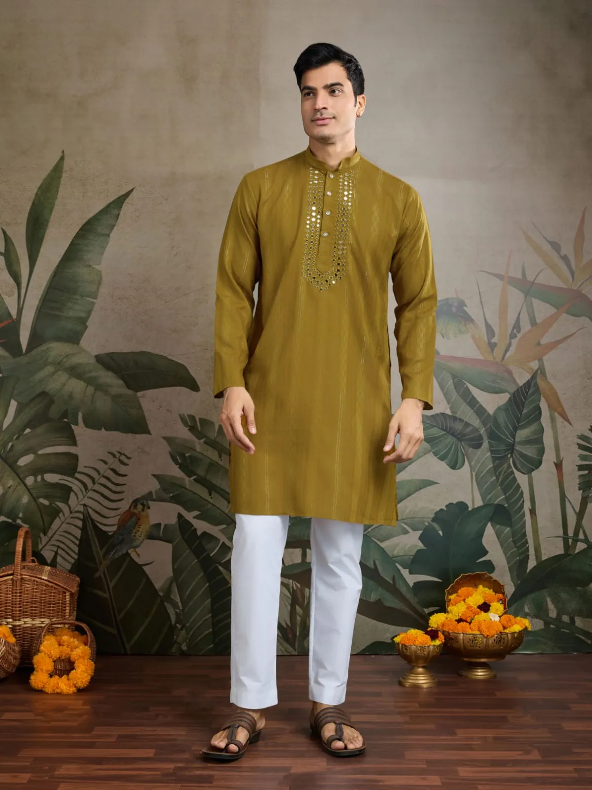 Rust Yellow Pure Viscose Reyon Silk Real Mirror Work Kurta Dupatta